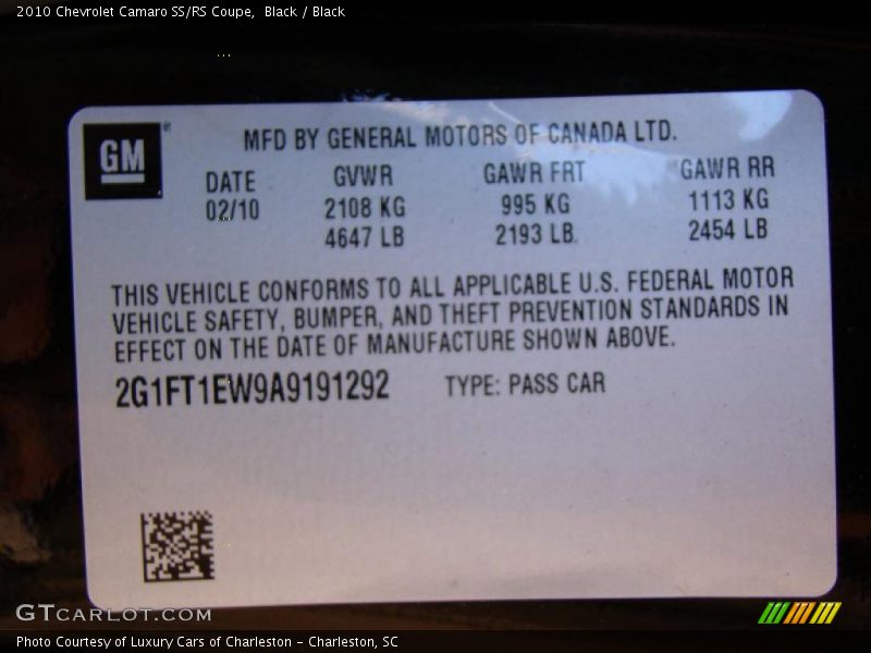 Info Tag of 2010 Camaro SS/RS Coupe