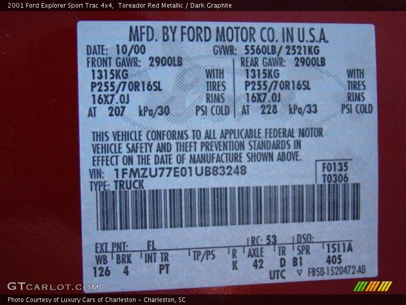 2001 Explorer Sport Trac 4x4 Toreador Red Metallic Color Code FL