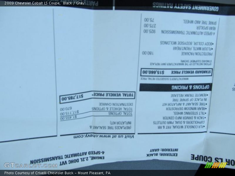  2009 Cobalt LS Coupe Window Sticker