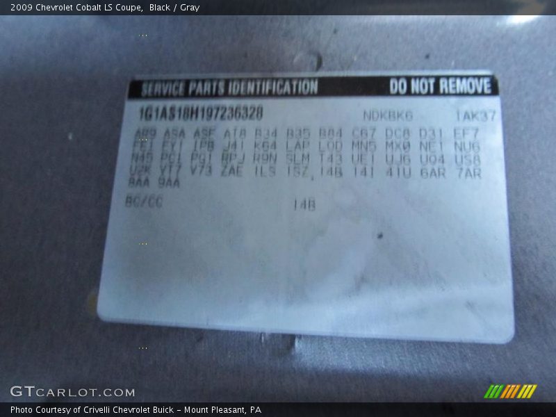 Info Tag of 2009 Cobalt LS Coupe