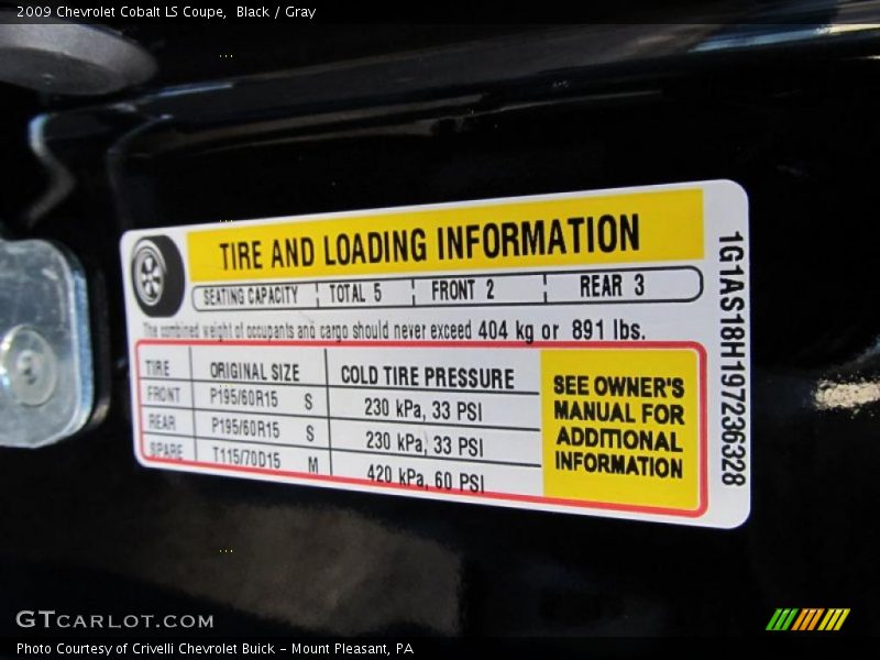 Info Tag of 2009 Cobalt LS Coupe