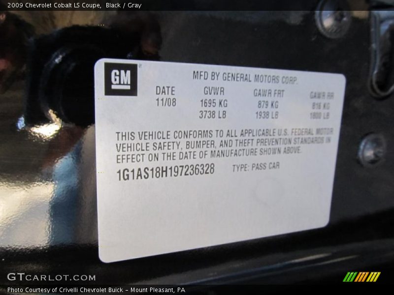 Info Tag of 2009 Cobalt LS Coupe