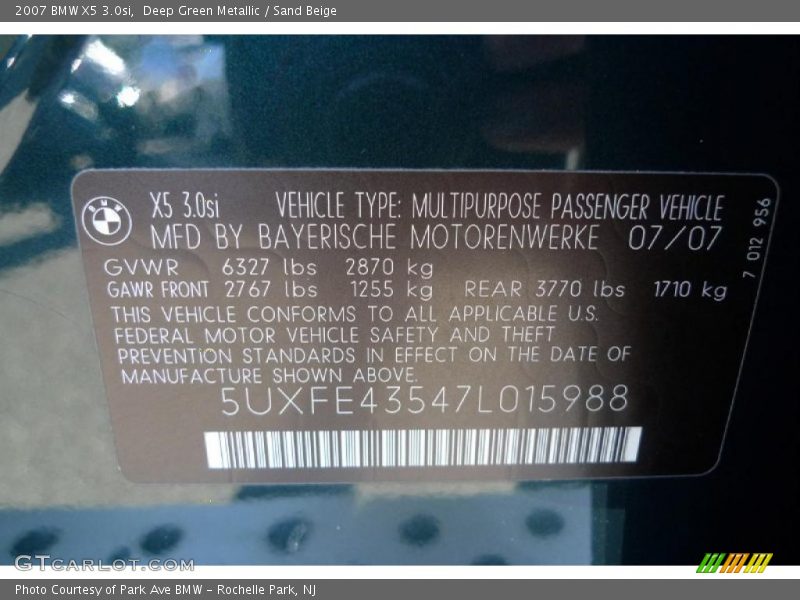 Deep Green Metallic / Sand Beige 2007 BMW X5 3.0si