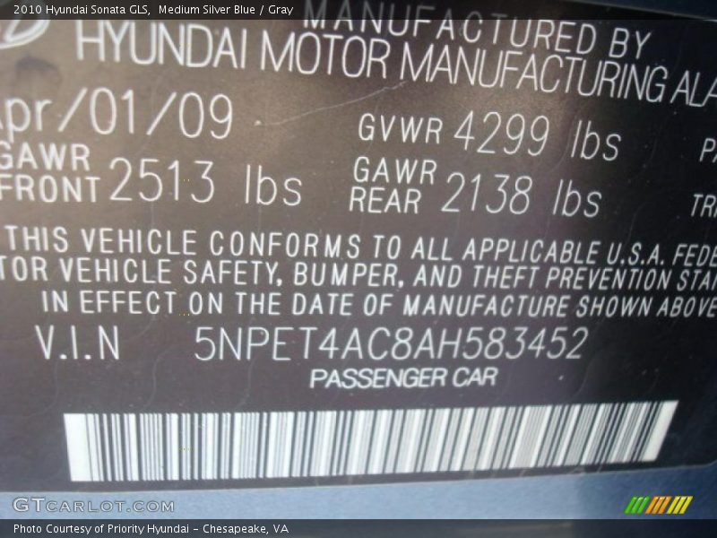 Medium Silver Blue / Gray 2010 Hyundai Sonata GLS