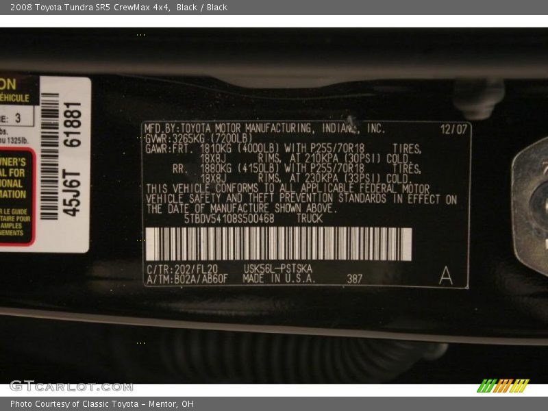 2008 Tundra SR5 CrewMax 4x4 Black Color Code 202