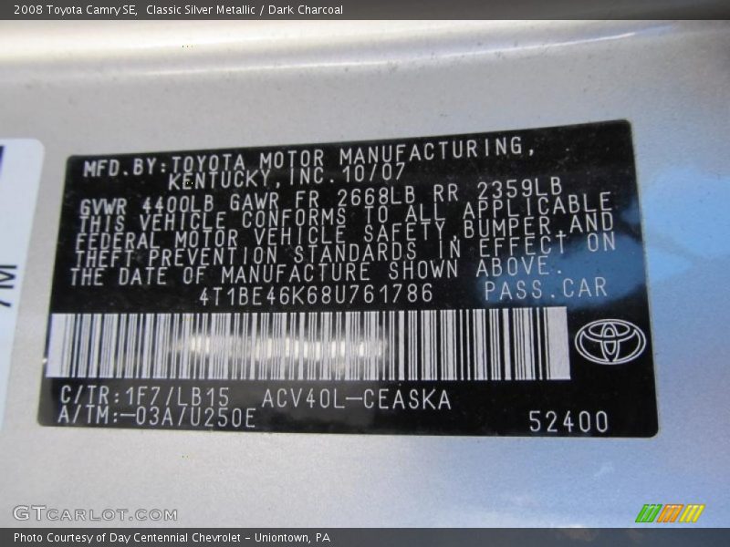 Classic Silver Metallic / Dark Charcoal 2008 Toyota Camry SE
