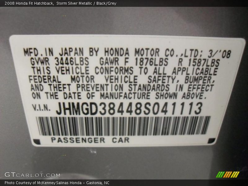 Info Tag of 2008 Fit Hatchback