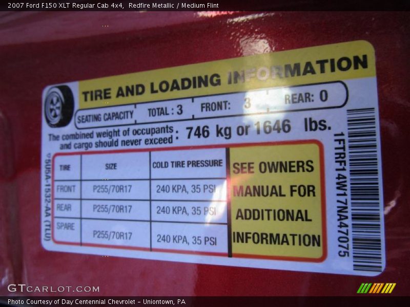 Info Tag of 2007 F150 XLT Regular Cab 4x4