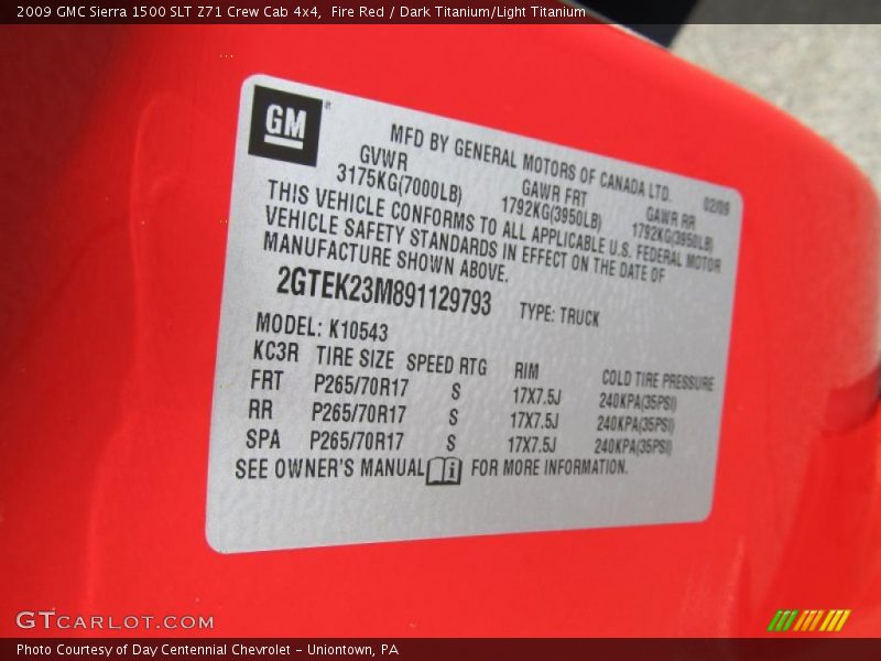 Info Tag of 2009 Sierra 1500 SLT Z71 Crew Cab 4x4