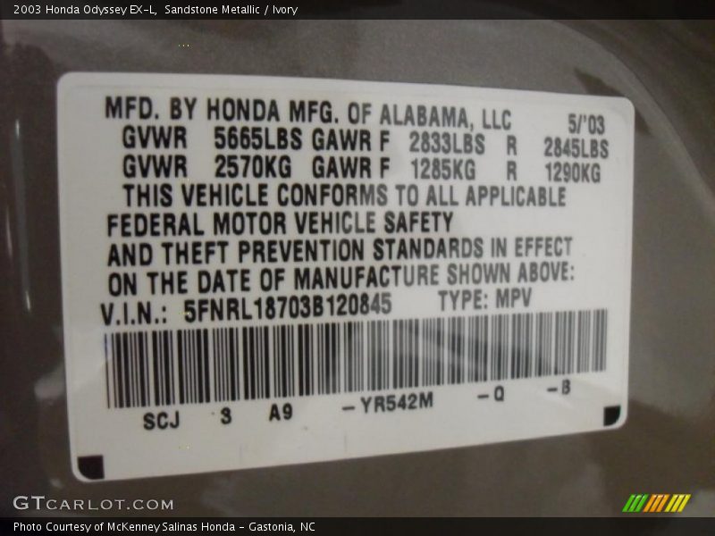 2003 Odyssey EX-L Sandstone Metallic Color Code YR542M