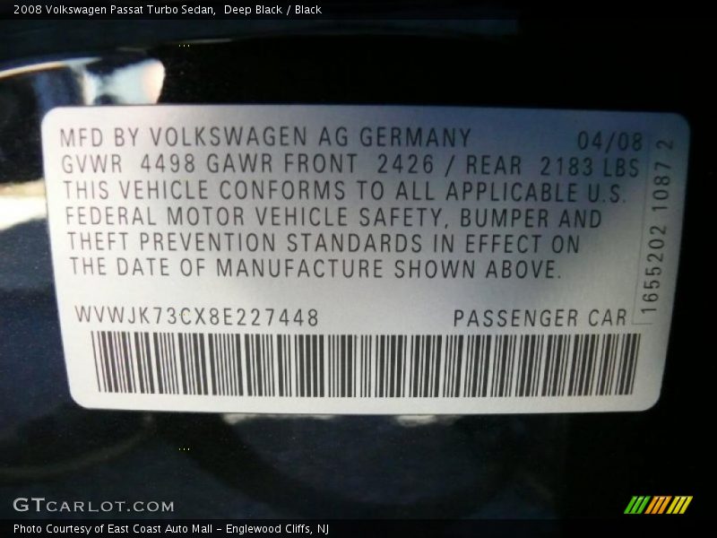 Deep Black / Black 2008 Volkswagen Passat Turbo Sedan
