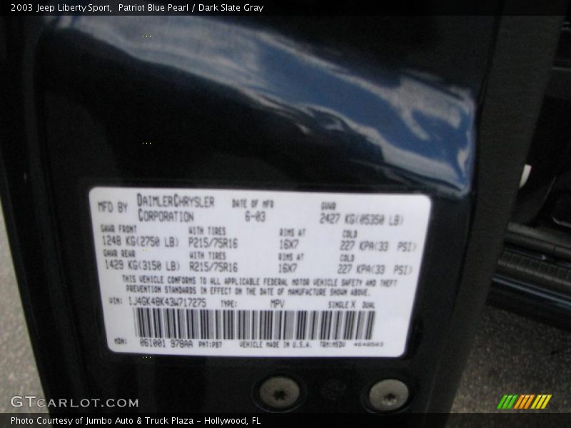 Patriot Blue Pearl / Dark Slate Gray 2003 Jeep Liberty Sport
