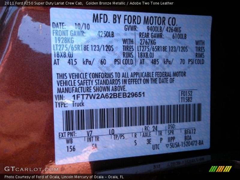 2011 F250 Super Duty Lariat Crew Cab Golden Bronze Metallic Color Code V7