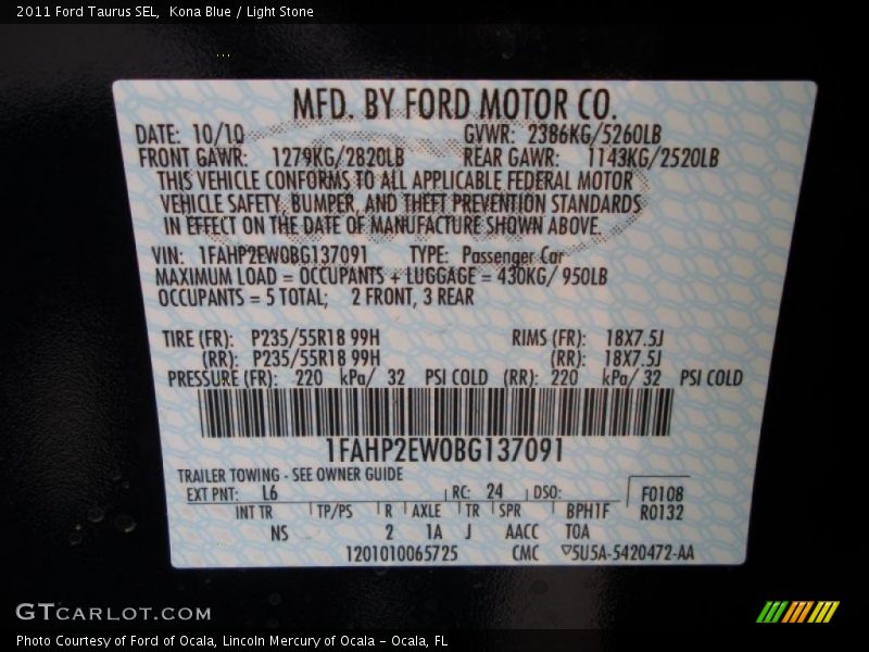 Kona Blue / Light Stone 2011 Ford Taurus SEL