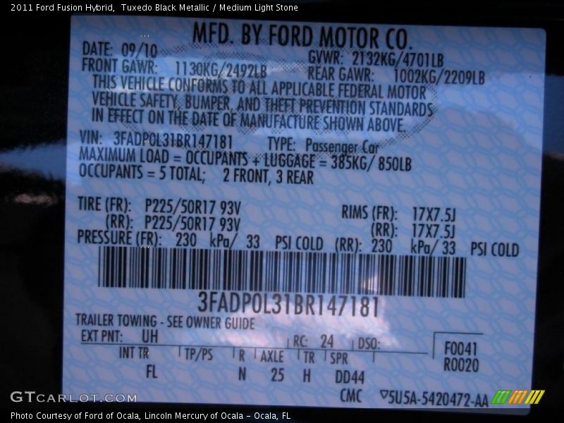 2011 Fusion Hybrid Tuxedo Black Metallic Color Code UH