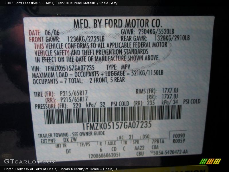 2007 Freestyle SEL AWD Dark Blue Pearl Metallic Color Code DX