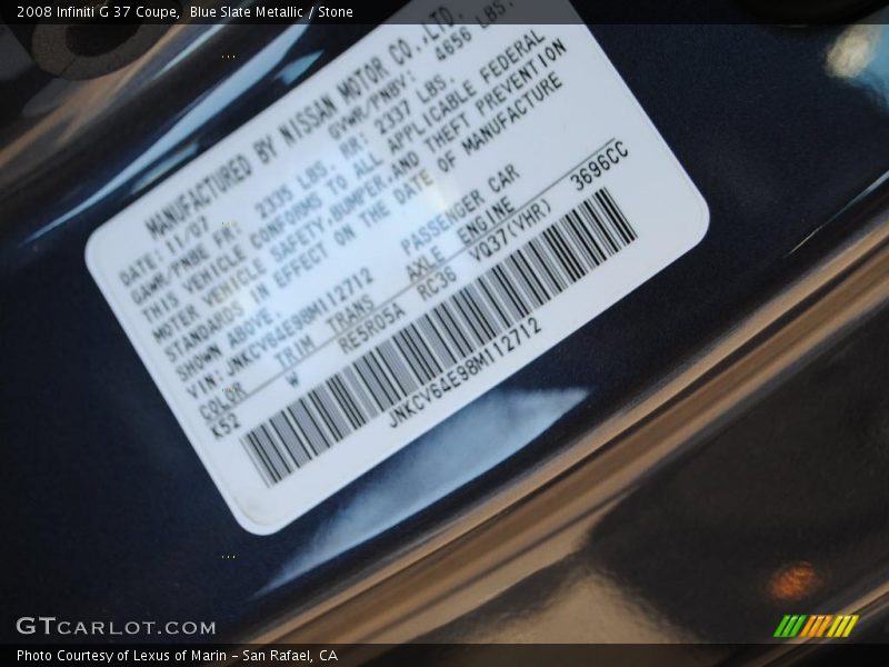 Blue Slate Metallic / Stone 2008 Infiniti G 37 Coupe