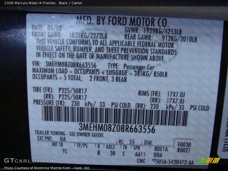 Black / Camel 2008 Mercury Milan I4 Premier