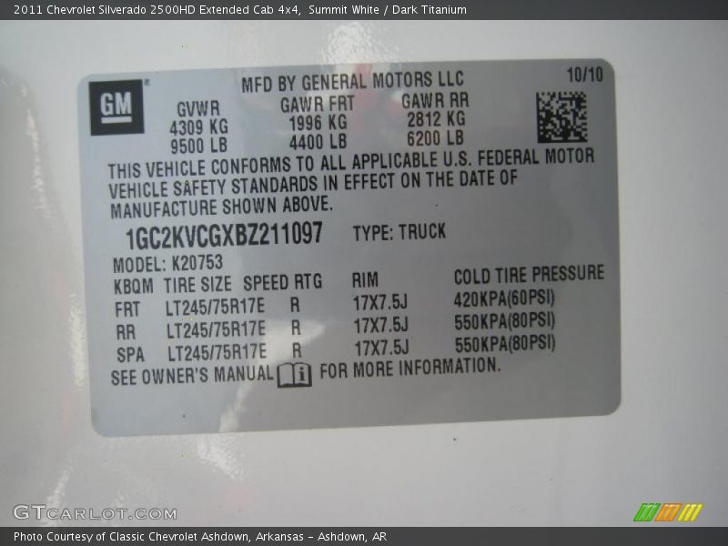 Info Tag of 2011 Silverado 2500HD Extended Cab 4x4