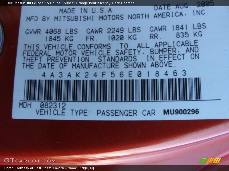 Sunset Orange Pearlescent / Dark Charcoal 2006 Mitsubishi Eclipse GS Coupe