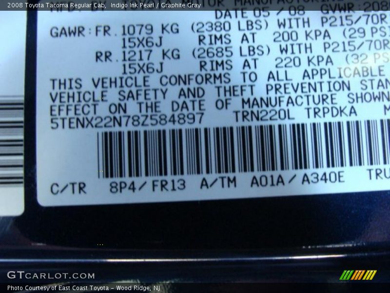 Indigo Ink Pearl / Graphite Gray 2008 Toyota Tacoma Regular Cab