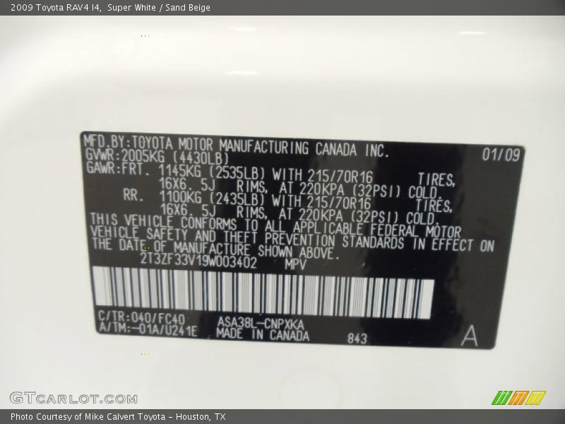 2009 RAV4 I4 Super White Color Code 040