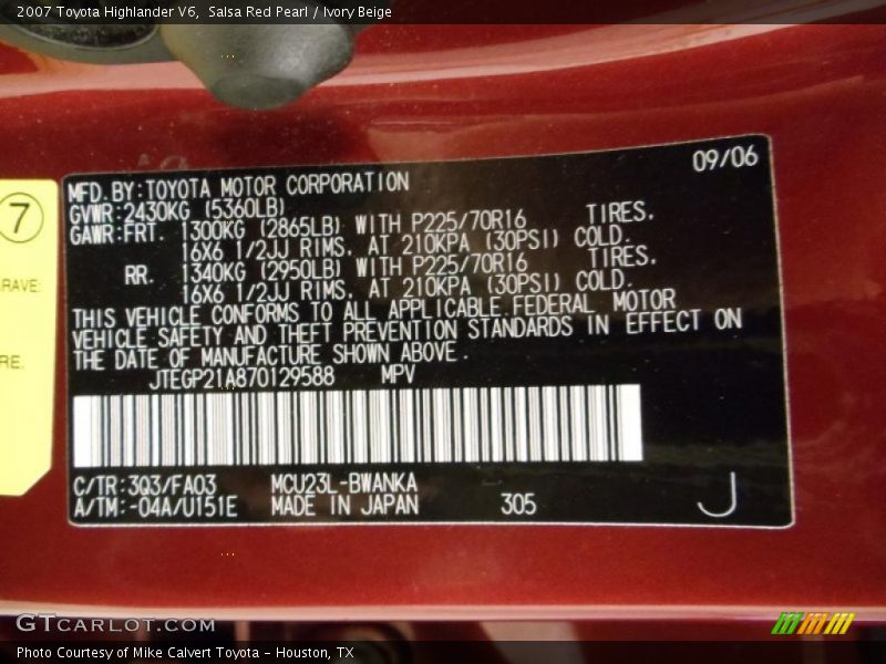 2007 Highlander V6 Salsa Red Pearl Color Code 3Q3