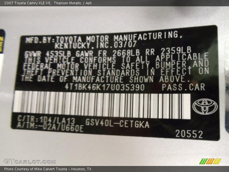 Titanium Metallic / Ash 2007 Toyota Camry XLE V6