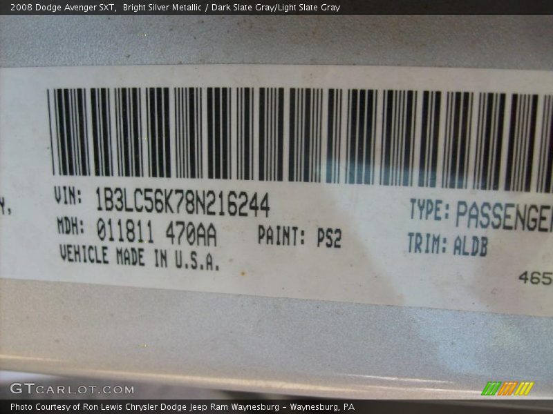 Bright Silver Metallic / Dark Slate Gray/Light Slate Gray 2008 Dodge Avenger SXT