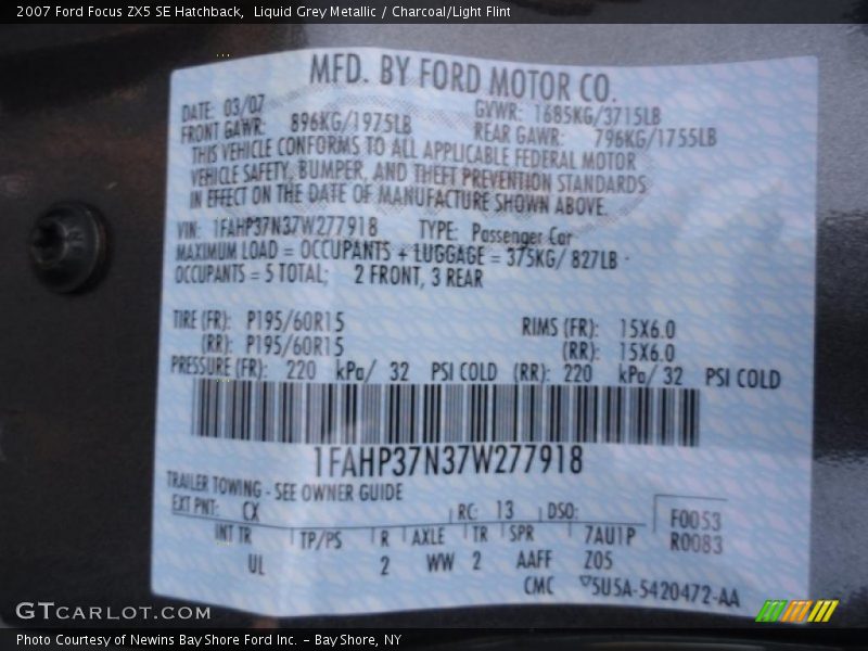 2007 Focus ZX5 SE Hatchback Liquid Grey Metallic Color Code CX