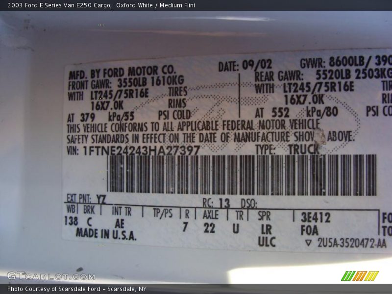 2003 E Series Van E250 Cargo Oxford White Color Code YZ
