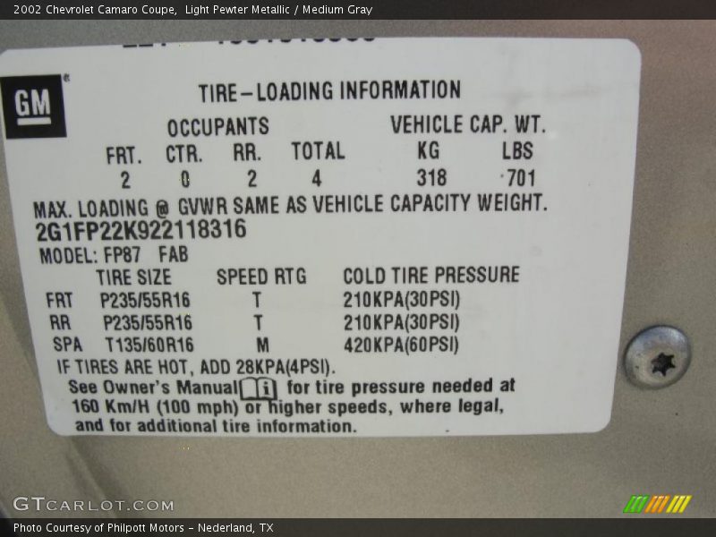Info Tag of 2002 Camaro Coupe