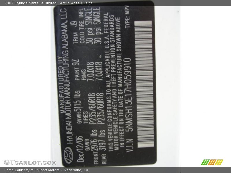 2007 Santa Fe Limited Arctic White Color Code 9Z