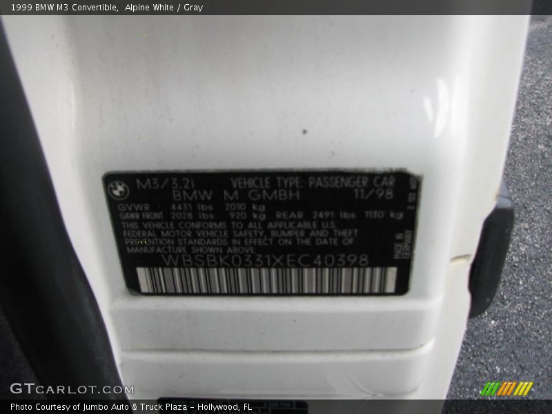 Alpine White / Gray 1999 BMW M3 Convertible