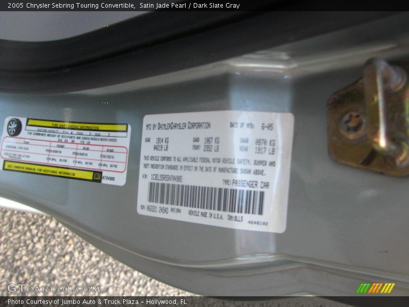 Satin Jade Pearl / Dark Slate Gray 2005 Chrysler Sebring Touring Convertible