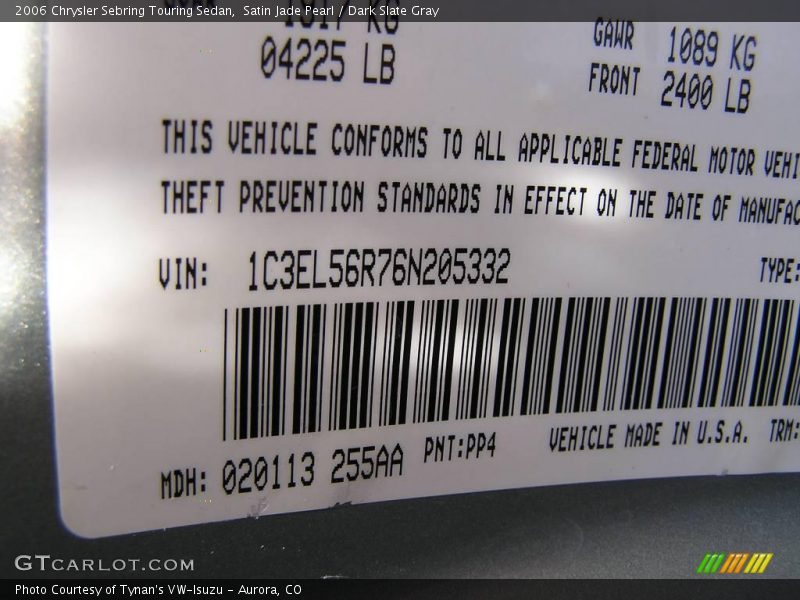 Satin Jade Pearl / Dark Slate Gray 2006 Chrysler Sebring Touring Sedan