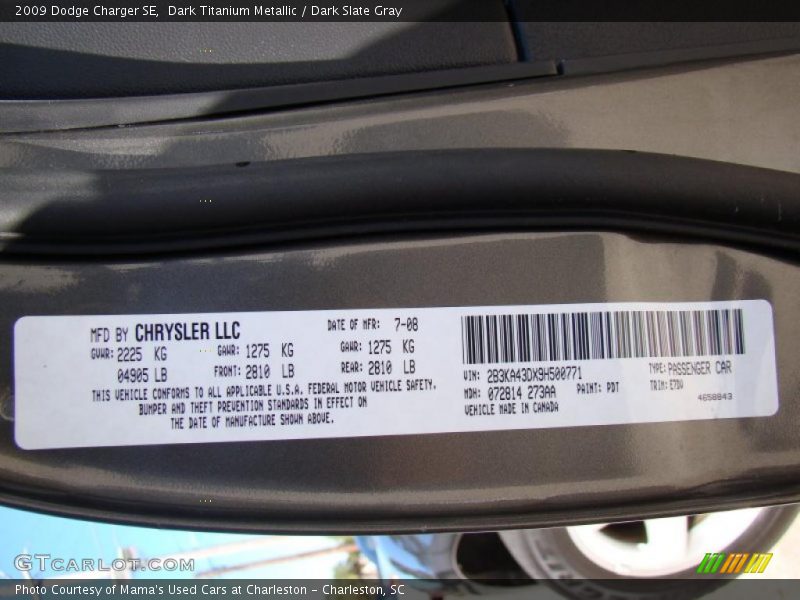 Dark Titanium Metallic / Dark Slate Gray 2009 Dodge Charger SE