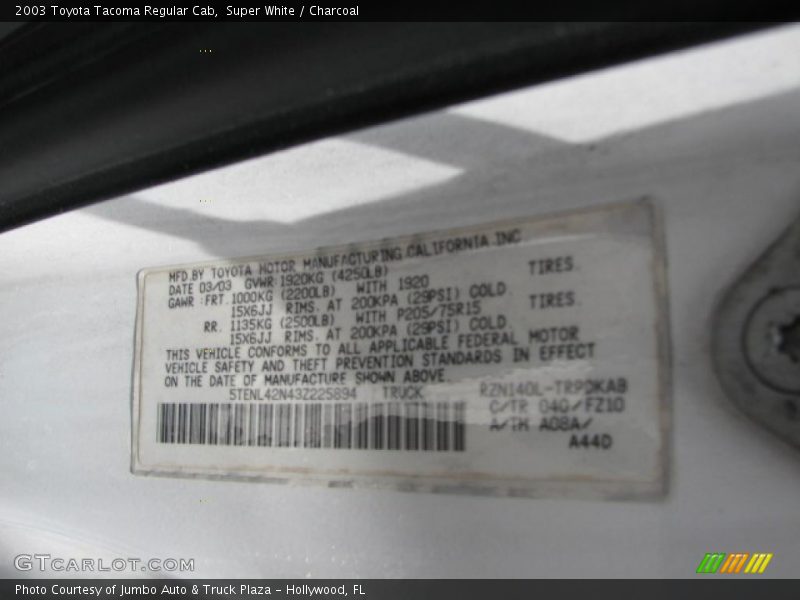 Super White / Charcoal 2003 Toyota Tacoma Regular Cab