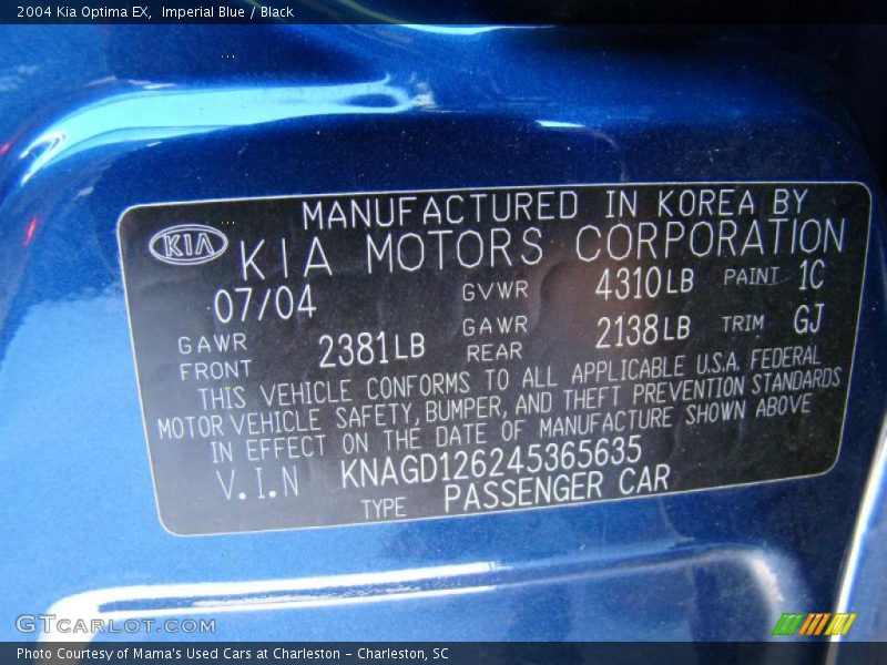 2004 Optima EX Imperial Blue Color Code 1C