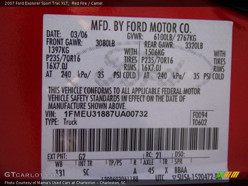 2007 Explorer Sport Trac XLT Red Fire Color Code G2