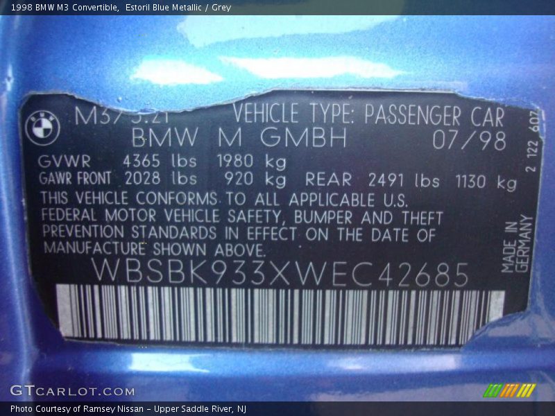 Info Tag of 1998 M3 Convertible
