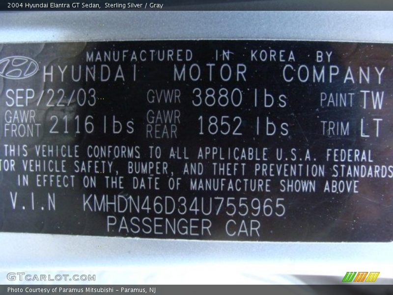 2004 Elantra GT Sedan Sterling Silver Color Code TW