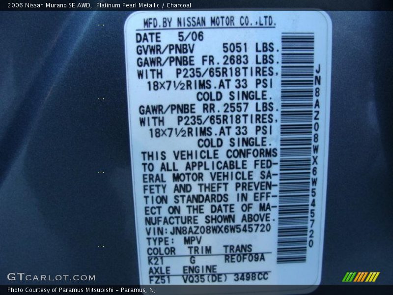 Platinum Pearl Metallic / Charcoal 2006 Nissan Murano SE AWD