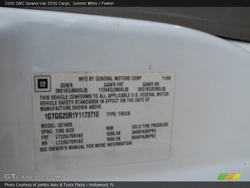 Summit White / Pewter 2000 GMC Savana Van 2500 Cargo
