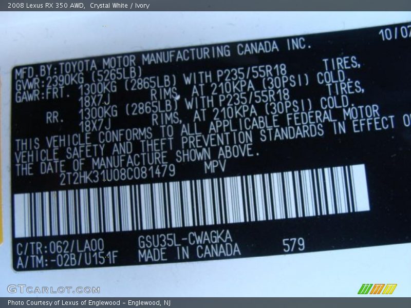 Crystal White / Ivory 2008 Lexus RX 350 AWD