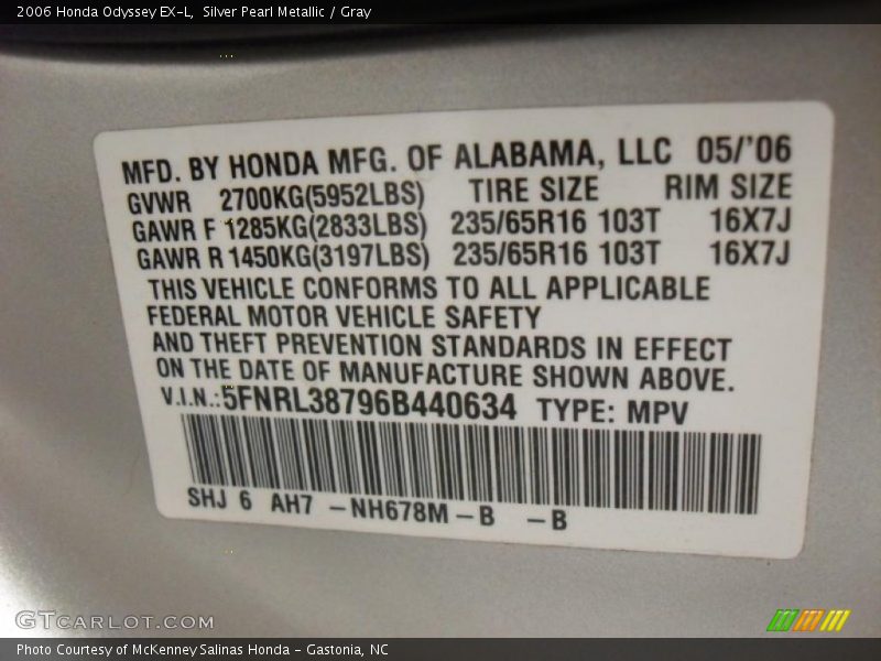 Silver Pearl Metallic / Gray 2006 Honda Odyssey EX-L