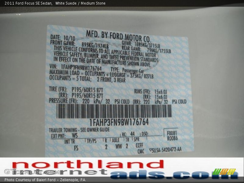 White Suede / Medium Stone 2011 Ford Focus SE Sedan