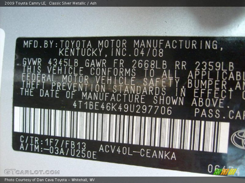 2009 Camry LE Classic Silver Metallic Color Code 1F7