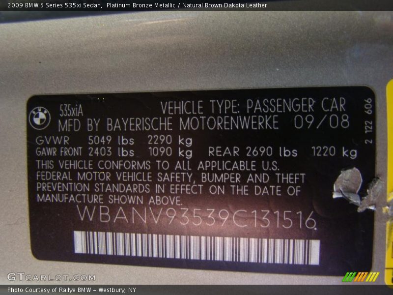 Platinum Bronze Metallic / Natural Brown Dakota Leather 2009 BMW 5 Series 535xi Sedan