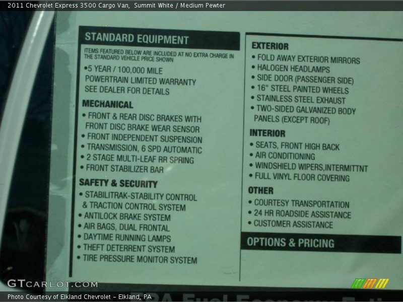  2011 Express 3500 Cargo Van Window Sticker